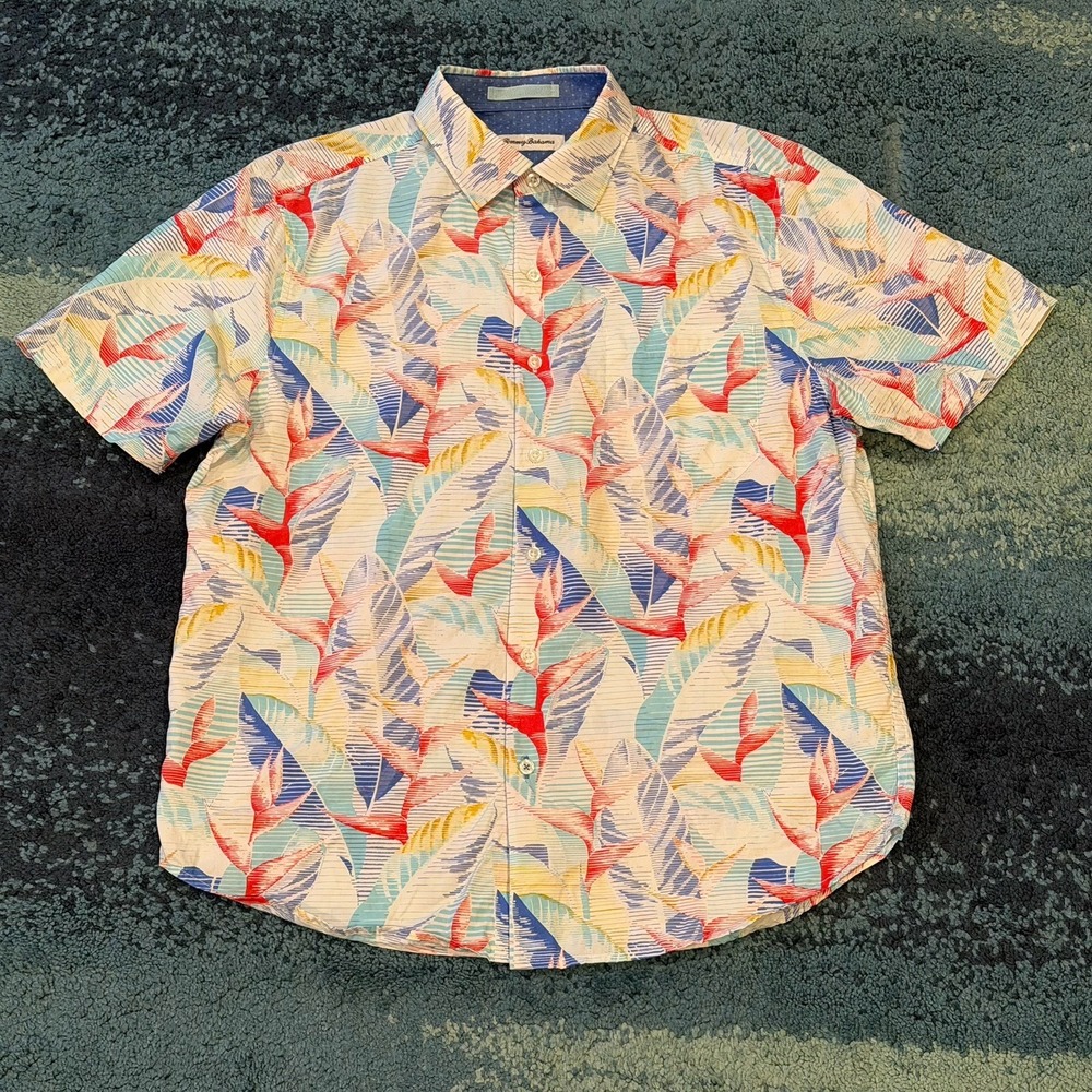 Tommy Bahama Short Sleeve Button Up Shirt White Floral Hawaiian Men's Medium